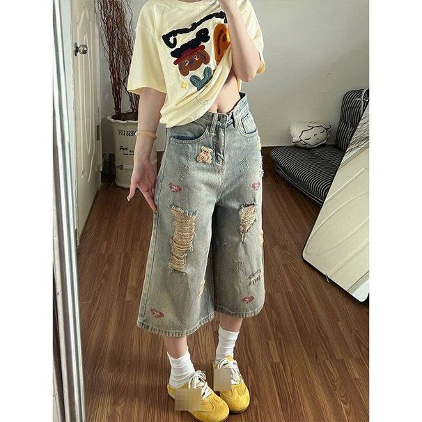 Vintage Bear Embroidery Distressed Jeans For Women – Summer Loose Fit Cropped Denim Pants (Blue, S-5XL, Plus Size & Petite Friendly)_mkmklike.com