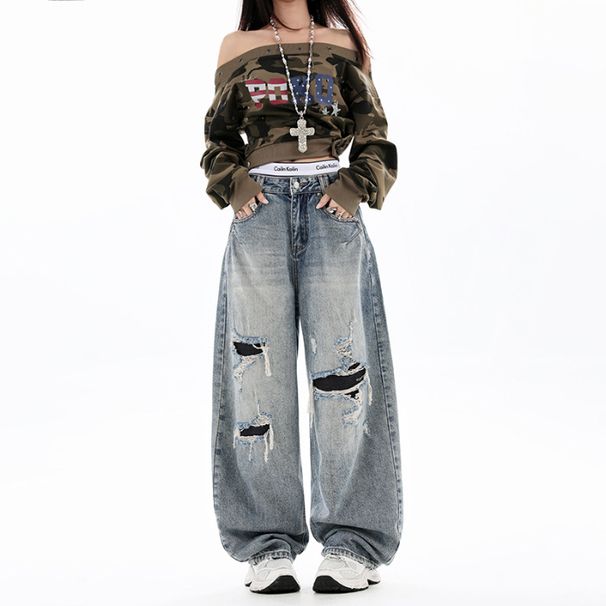Women's High-Waisted Slimming Ripped Wide Leg Jeans Loose Fitting Floor Length Pants American Style Denim_mkmklike.com