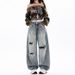 Women's High-Waisted Slimming Ripped Wide Leg Jeans Loose Fitting Floor Length Pants American Style Denim_mkmklike.com