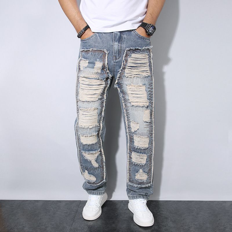 Men's Retro Straight Leg Jeans American Style Autumn Casual Wrinkle Resistant Loose Fit With Patches And Rips_mkmklike.com
