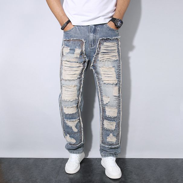 Men's Retro Straight Leg Jeans American Style Autumn Casual Wrinkle Resistant Loose Fit With Patches And Rips_mkmklike.com