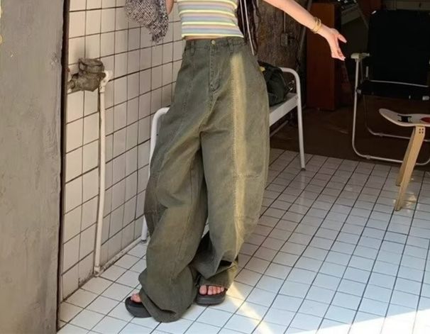 American Retro Green Banana Jeans For Women 2025 Spring And Summer Lazy Style Loose Wide Leg Floor Length Scimitar Pants_mkmklike.com