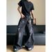 American Retro Washed Old Jeans Men's Niche Lightning Pattern Loose Wide-leg Long Pants_mkmklike.com
