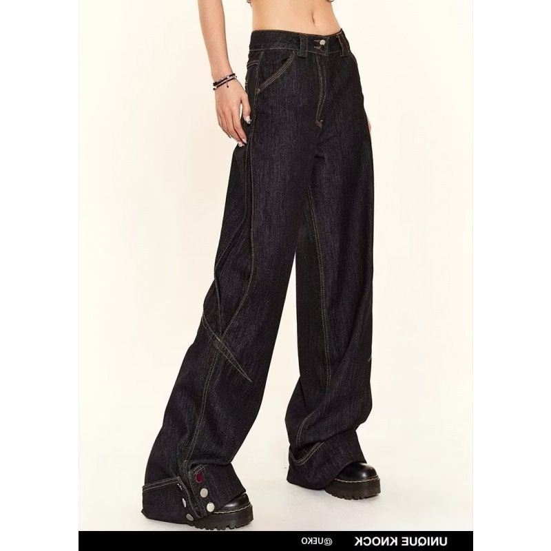 Women's Clothing Washed Black Retro Jeans High Waist Loose Wide Leg Mopping Pants_mkmklike.com