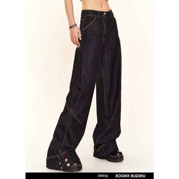 Women's Clothing Washed Black Retro Jeans High Waist Loose Wide Leg Mopping Pants_mkmklike.com