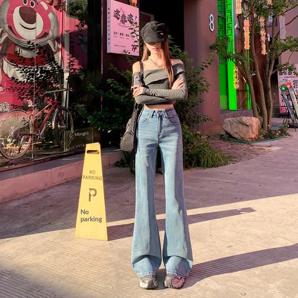 Retro Blue Jeans For Women, 2025 Early Autumn New Style, High-Waisted, Loose Fit, Non-Tight-Fitting, Stretchy Flared_mkmklike.com