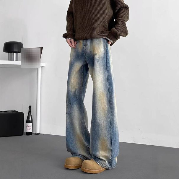 Men's Washed Denim Jeans High Street Vibe Retro Distressed Dirtyfit Slightly Flared Wide Leg Pants Mid Waist Black Gray_mkmklike.com