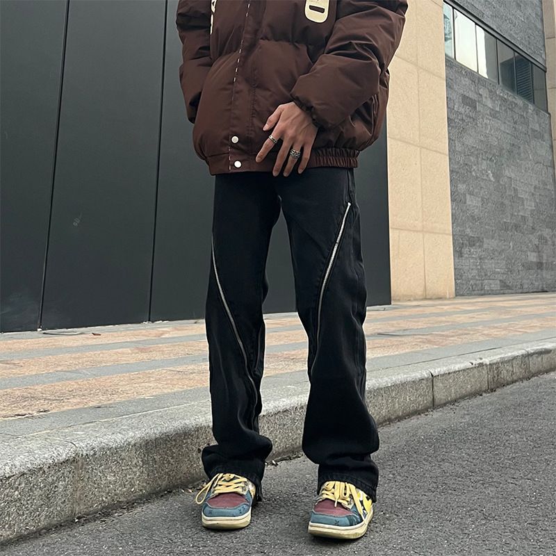 Nordmann Black Jeans Men Design Sense Zipper Casual American High Street Trendy Brand Washed Vintage Loose Straight Pants_mkmklike.com