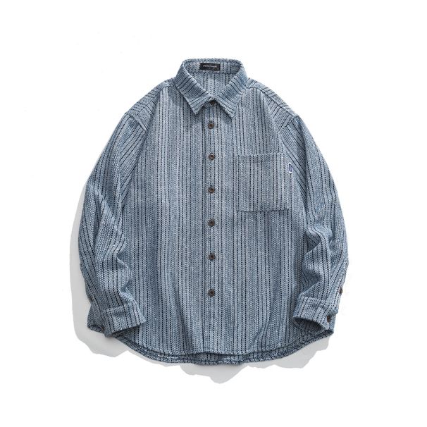 Men's Clothing Simple Trendy Washed Striped Denim Long Sleeved Shirt Casual Blue Shirt Jacket_mkmklike.com
