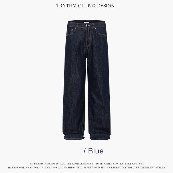 Men's Clothing washed stitching jeans versatile stretch denim casual leather brand loose straight pants_mkmklike.com