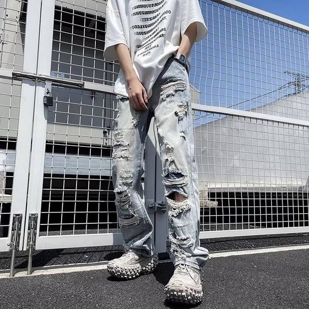 Men's Clothing Washed Pants Knee Hole Jeans Men Hip Hop High Street Casual Beggar Loose Straight Versatile Trousers_mkmklike.com