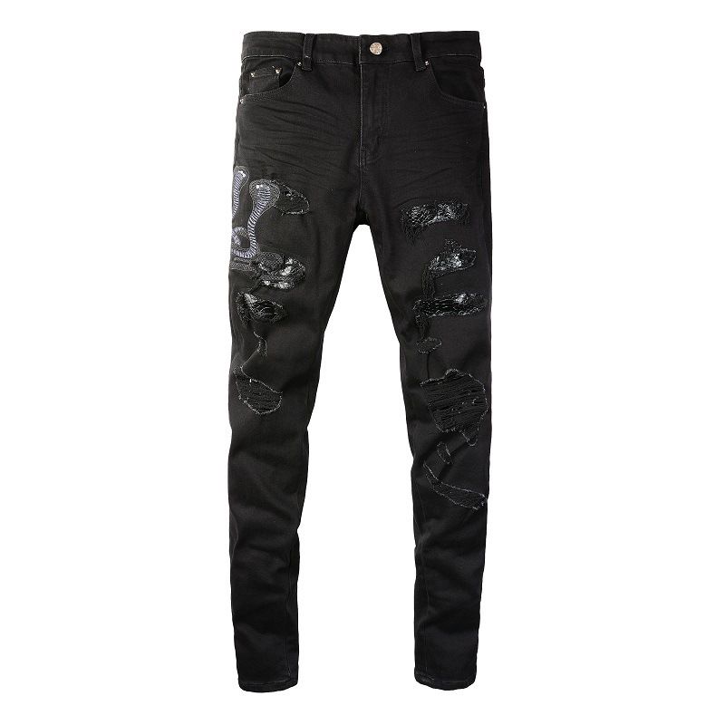 Men's Clothing Washed Cat Whisker Wrinkled Hole Snake Black Elastic Slim Fit Skinny Jeans Jeans_mkmklike.com