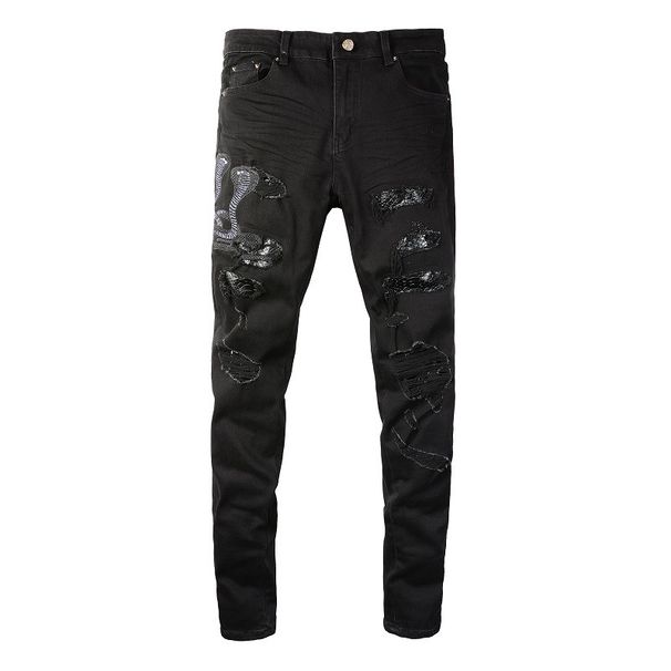 Men's Clothing Washed Cat Whisker Wrinkled Hole Snake Black Elastic Slim Fit Skinny Jeans Jeans_mkmklike.com
