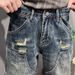 Men's Washed Vintage Style Distressed Patched Jeans Tapered Straight Leg High Street Fashion Cool Trendy Long Pants_mkmklike.com