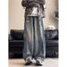 American Style Ripped Jeans For Men, Baggy, Trendy High Street Graffiti, Niche, Loose Washed Wide Leg Pants_mkmklike.com