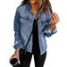 Vintage Wash Denim Jacket For Women, Non-Stretch V-Neck Long Sleeve Casual Coat In Light Blue, Dark Blue & Retro Blue_mkmklike.com