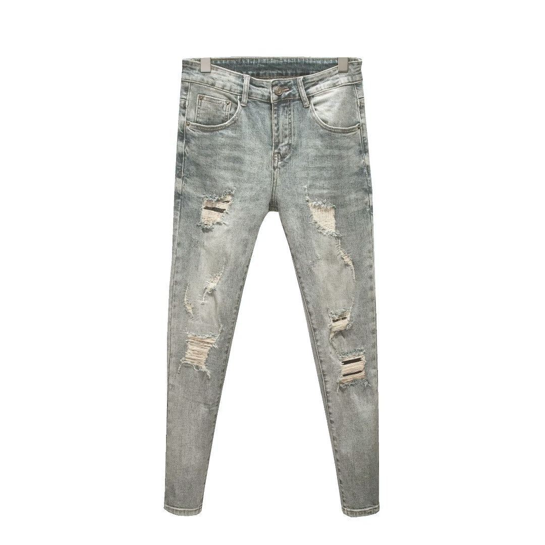 Men's Clothing Fashion Pants Ripped Trousers Jeans Elastic Slim Fit Nine Point Pants_mkmklike.com