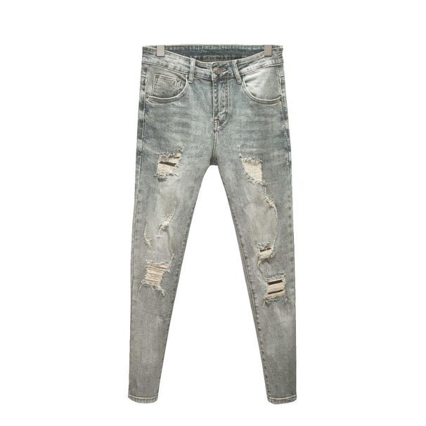 Men's Clothing Fashion Pants Ripped Trousers Jeans Elastic Slim Fit Nine Point Pants_mkmklike.com