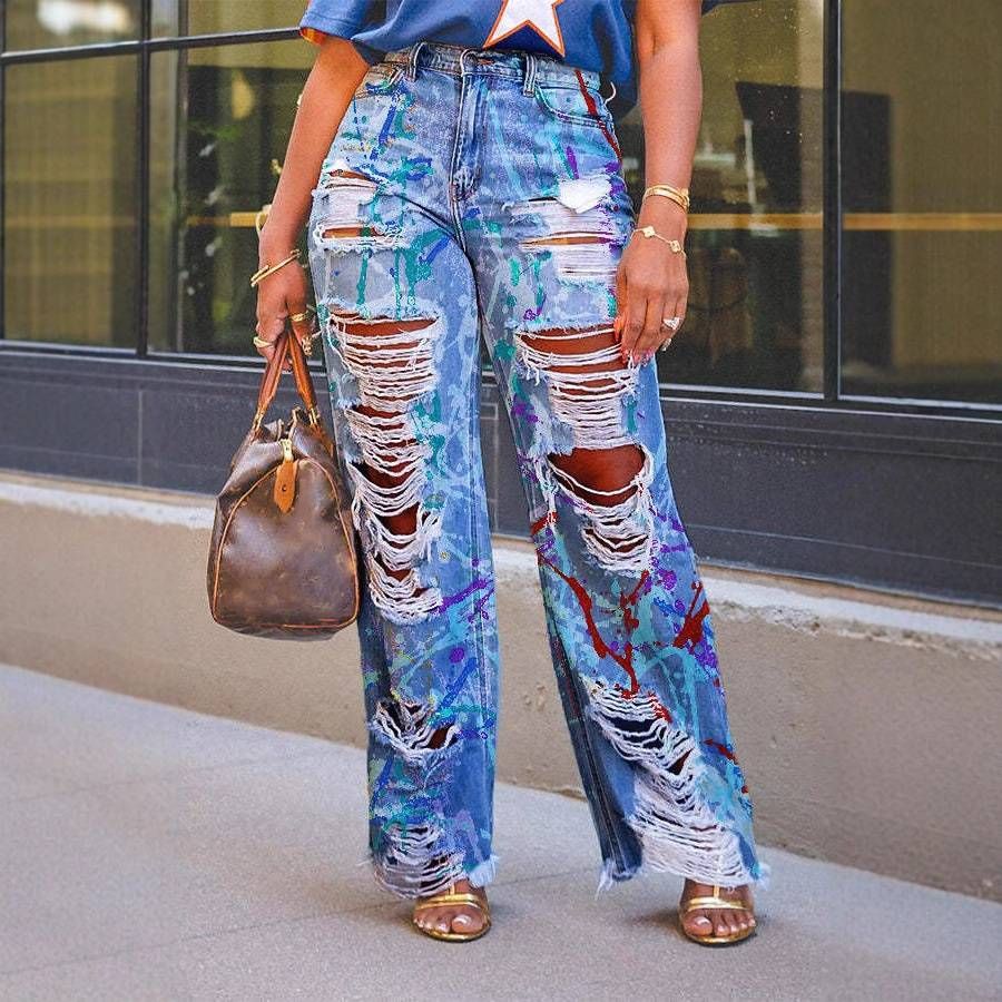 Women's Clothing Summer New Fashion Graffiti Print Hole Straight Jeans_mkmklike.com