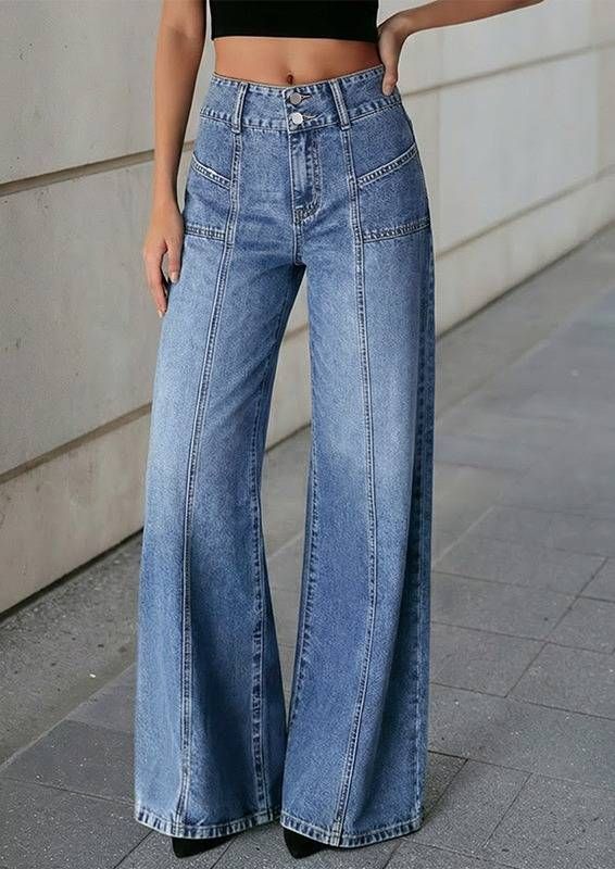 Women's Vintage Split Hem Blue Jeans - High Waisted Wide Leg & Flared Trousers (Mid Blue, S-XL)_mkmklike.com
