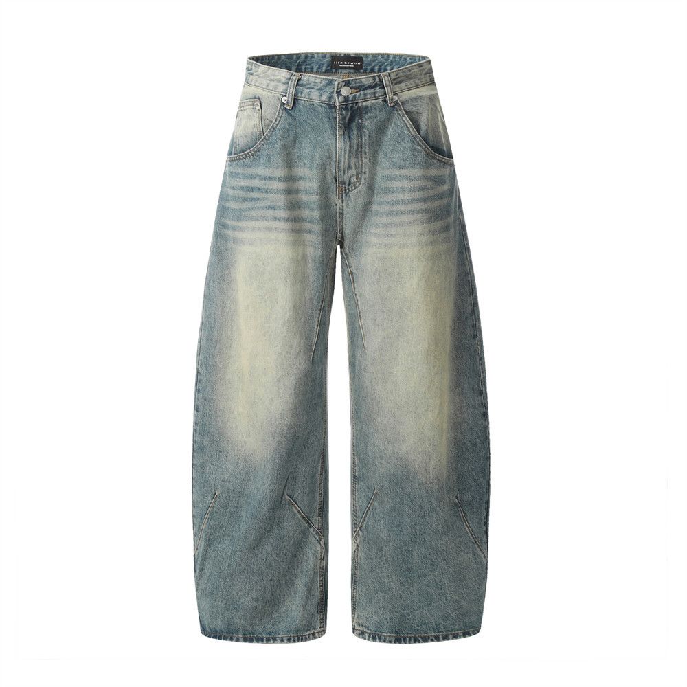 Distressed Washed Denim Scimitar Men Street Fashion Punk Design Stitching Pressed Seam Loose Wide-Leg Cargo Long Pants_mkmklike.com