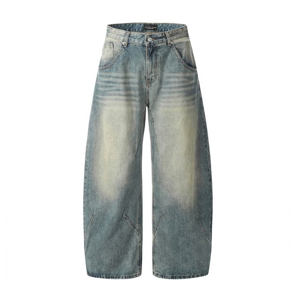 Distressed Washed Denim Scimitar Men Street Fashion Punk Design Stitching Pressed Seam Loose Wide-Leg Cargo Long Pants_mkmklike.com