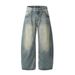 Distressed Washed Denim Scimitar Men Street Fashion Punk Design Stitching Pressed Seam Loose Wide-Leg Cargo Long Pants_mkmklike.com