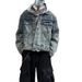 Washed Shoulder Padded Denim Jacket, Men's Vintage Workwear, Lapel, Short Jacket_mkmklike.com