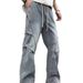 Men's Distressed Denim Jeans – Straight Leg Stretch Fit With Elastic Waist, Edgy Solid Color For Urban Streetwear_mkmklike.com