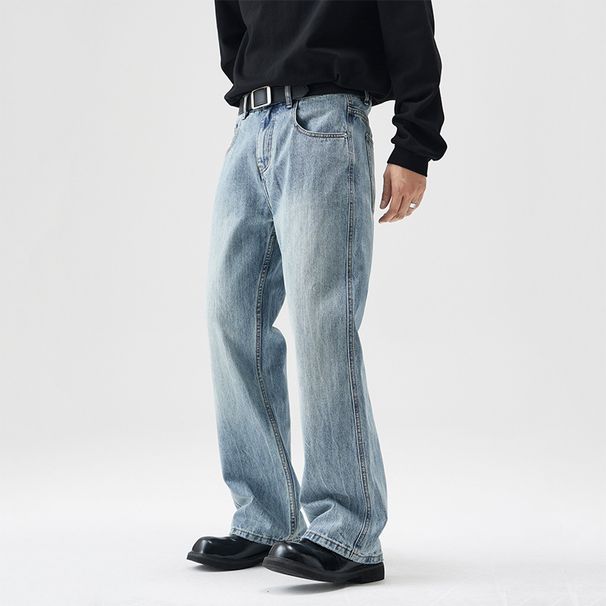 Men's Clothing Light Colored Jeans Loose Straight Leg Mopping Pants Washed High Street Slightly Flared Wide Leg Pants_mkmklike.com