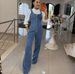 Women's Slim-Fit Denim Jumpsuit Strappy Wide-Leg Romper with Waist Accent_mkmklike.com