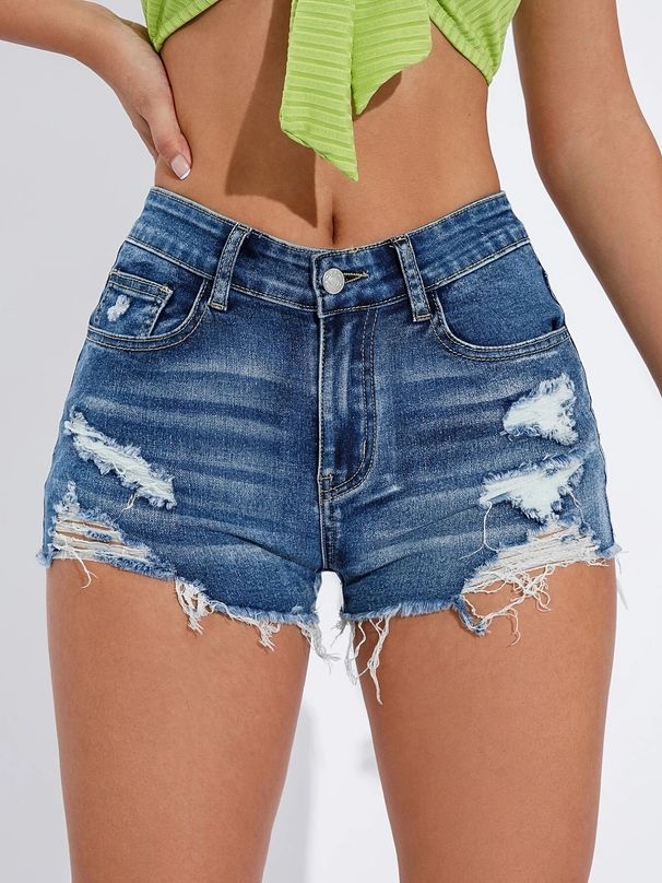 Women's Clothing High Waist Slim Fit Hair Edge Denim Shorts_mkmklike.com