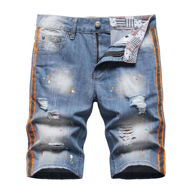 "Men's Reflective & Hand-Painted Denim Shorts – Trendy Mid-Length Streetwear With Colorful Webbing Holes (Sizes 28-42, Blue/Black)"_mkmklike.com