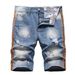 "Men's Reflective & Hand-Painted Denim Shorts – Trendy Mid-Length Streetwear With Colorful Webbing Holes (Sizes 28-42, Blue/Black)"_mkmklike.com