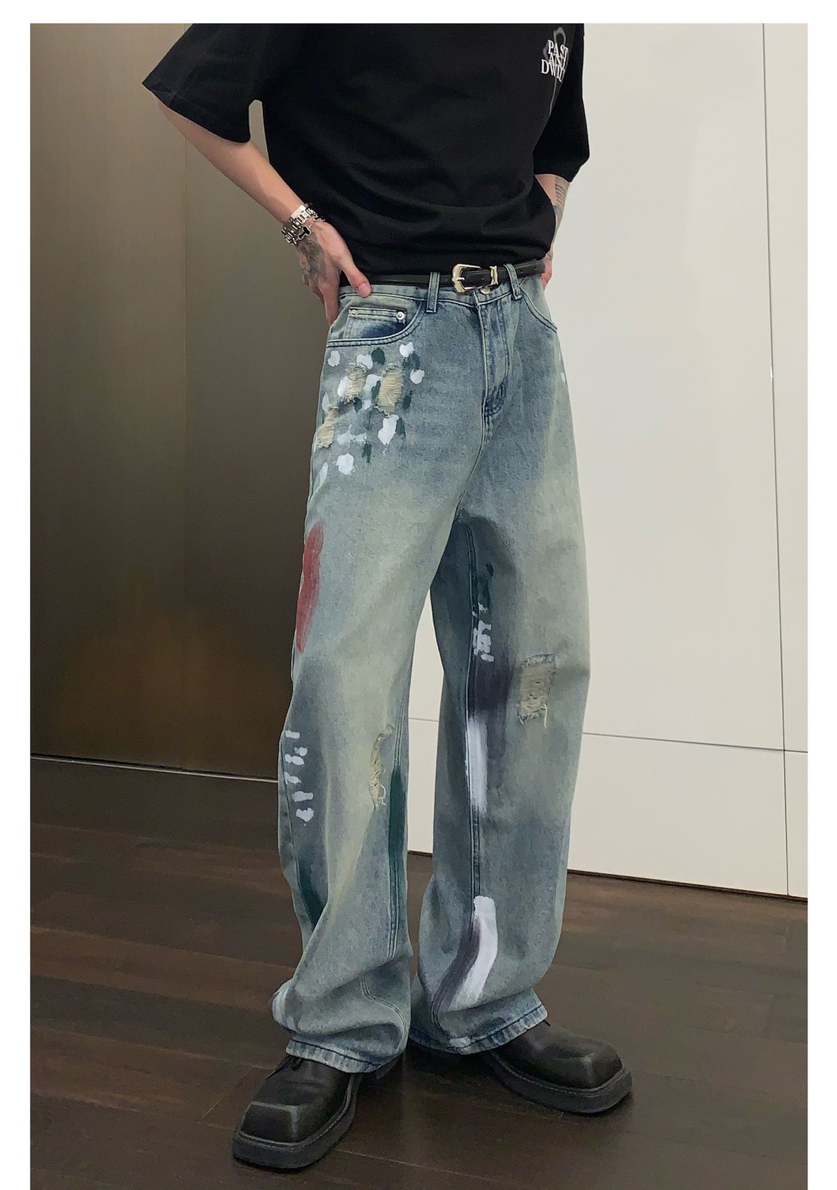 Men's Distressed Straight-Leg Jeans | Oversized Streetwear Pants | Vintage Wash & Knee Rips | 90s Hip-Hop Baggy Fit | Y2K Grunge Aesthetic_mkmklike.com