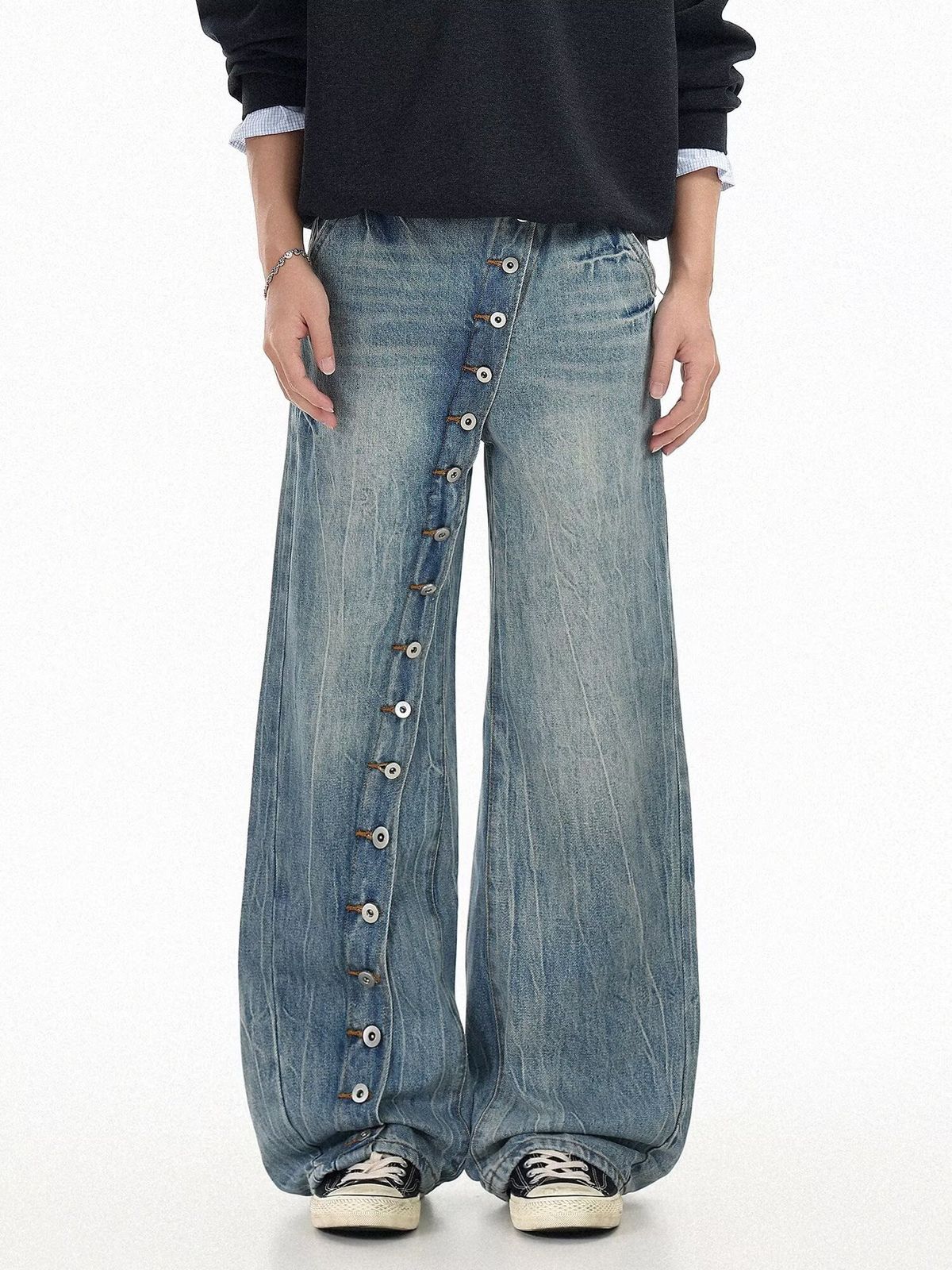 Unisex Retro Distressed Washed Straight Leg Jeans Design Slanted Placket Button Trousers Loose Floor Length_mkmklike.com