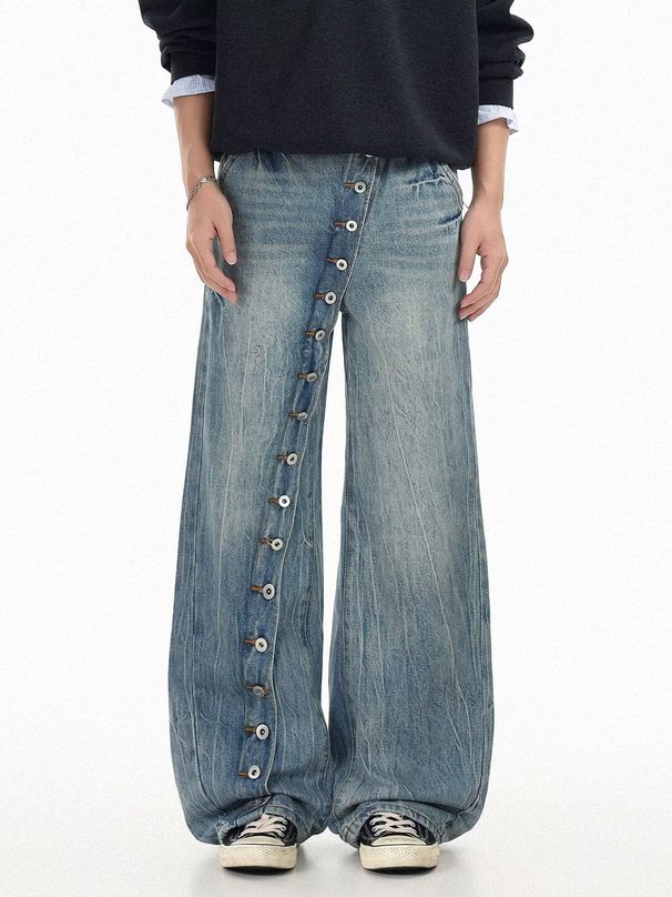 Unisex Retro Distressed Washed Straight Leg Jeans Design Slanted Placket Button Trousers Loose Floor Length_mkmklike.com