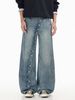 Unisex Retro Distressed Washed Straight Leg Jeans Design Slanted Placket Button Trousers Loose Floor Length_mkmklike.com