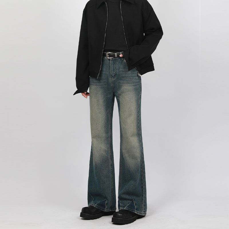 "Vintage Distressed Flared Jeans For Men - Relaxed Fit Retro Denim Pants With Artisan Washes & Subtle Bell Bottoms, 90s Inspired High Street Style"_mkmklike.com