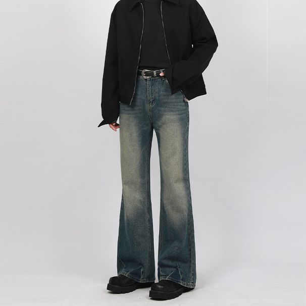 "Vintage Distressed Flared Jeans For Men - Relaxed Fit Retro Denim Pants With Artisan Washes & Subtle Bell Bottoms, 90s Inspired High Street Style"_mkmklike.com