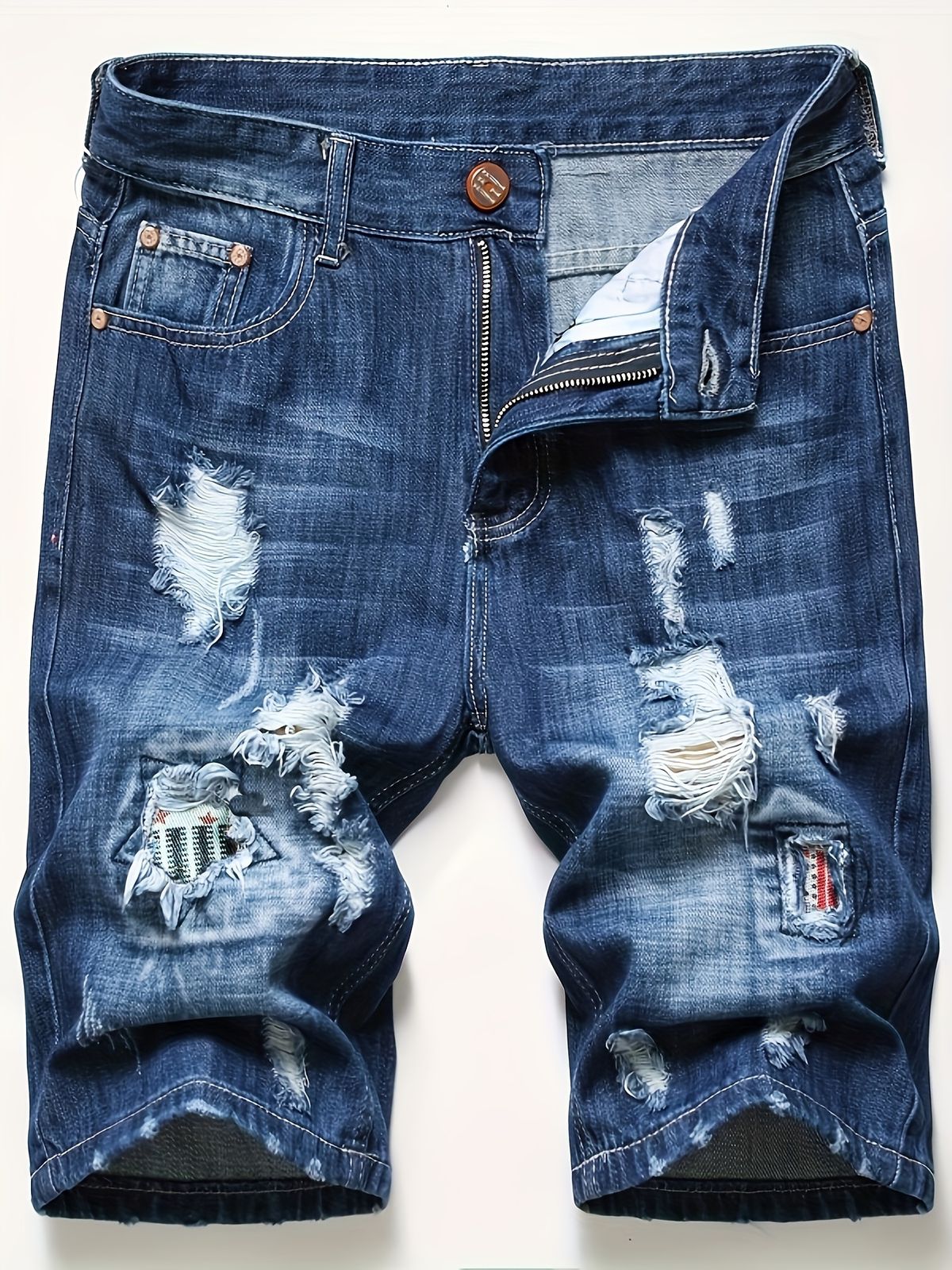 Men's Denim Shorts With Summer Holes, Randomly Pasted With Fabric, Slim Fit Straight Leg, Worn And Trendy Men's Pants, Not Including Waistband_mkmklike.com