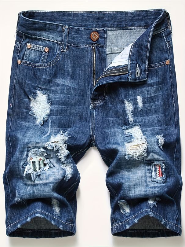Men's Denim Shorts With Summer Holes, Randomly Pasted With Fabric, Slim Fit Straight Leg, Worn And Trendy Men's Pants, Not Including Waistband_mkmklike.com