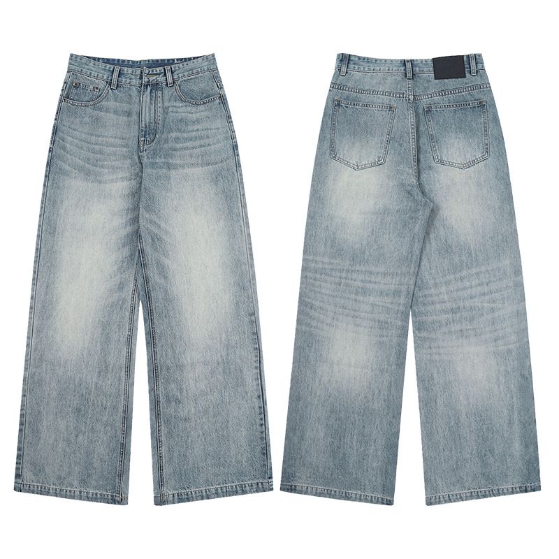 Unisex Classic Washed Blue Jeans – Vintage Straight-Leg Denim With Cat Whisker Details, A-Line Cut For Height Elongation, Everyday Essential_mkmklike.com