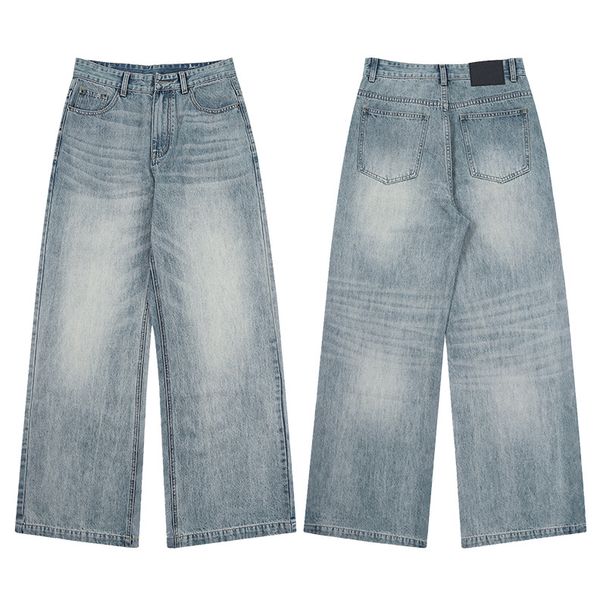 Unisex Classic Washed Blue Jeans – Vintage Straight-Leg Denim With Cat Whisker Details, A-Line Cut For Height Elongation, Everyday Essential_mkmklike.com