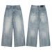 Unisex Classic Washed Blue Jeans – Vintage Straight-Leg Denim With Cat Whisker Details, A-Line Cut For Height Elongation, Everyday Essential_mkmklike.com