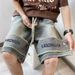 American Street Denim Shorts Men's Knee Quad Pants Summer Loose Ribbon Printed Alphabet Quad Pants_mkmklike.com