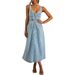 2025 Summer Women's Blue Cowboy Vintage Strap Single Row Button Medium Length Dress_mkmklike.com