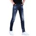 Men's Slim Fit Stretch Ripped Jeans Dark Blue Multi-Layered Distressed Skinny Denim Mid Waist Simple Design_mkmklike.com