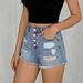 Vintage High Waist Button Fly Distressed Denim Shorts For Women - Mid Blue Washed Ripped Casual Hot Pants With Raw Hem_mkmklike.com