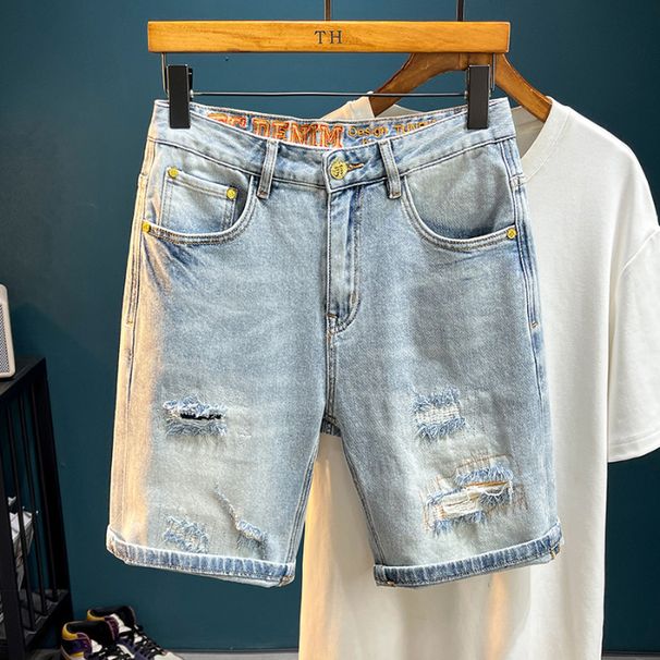 Men's Trendy Ripped Stretchy Slim Fit Jeans Mid Length Shorts Blue Style Straight Leg With Embroidered Patches_mkmklike.com